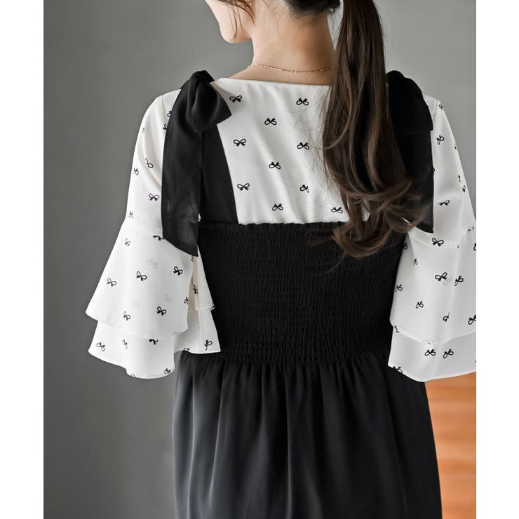 美品！シャーリーテンプル　おリボン柄シフォンワンピース　130cm シフォンチェック柄シャーリング肩リボンワンピース[品番