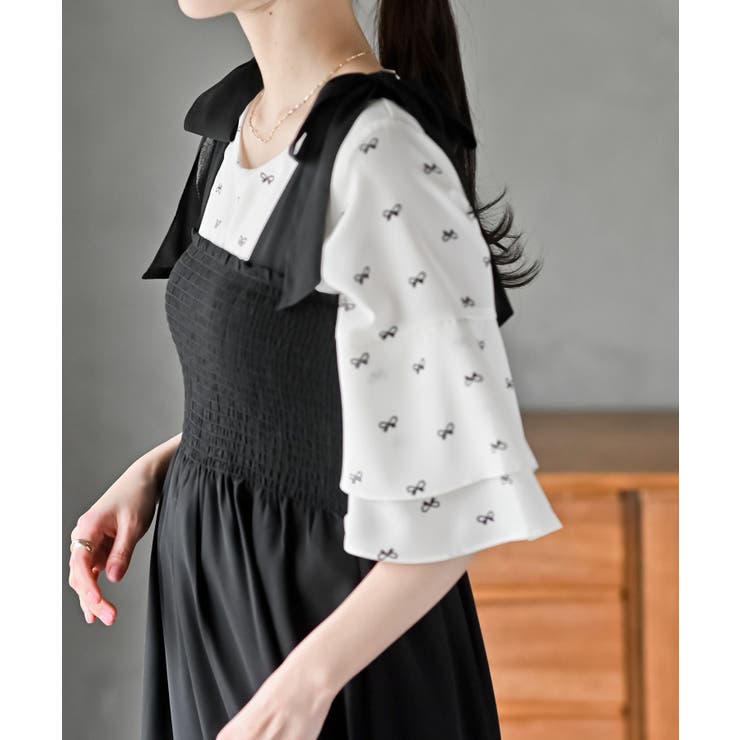 シフォンチェック柄シャーリング肩リボンワンピース[品番