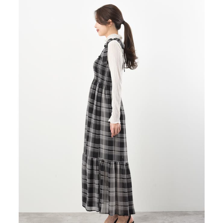 新品タグ付き エスカーダ 総柄 ウエストリボン ストレッチ ワンピース シフォンチェック柄シャーリング肩リボンワンピース[品番