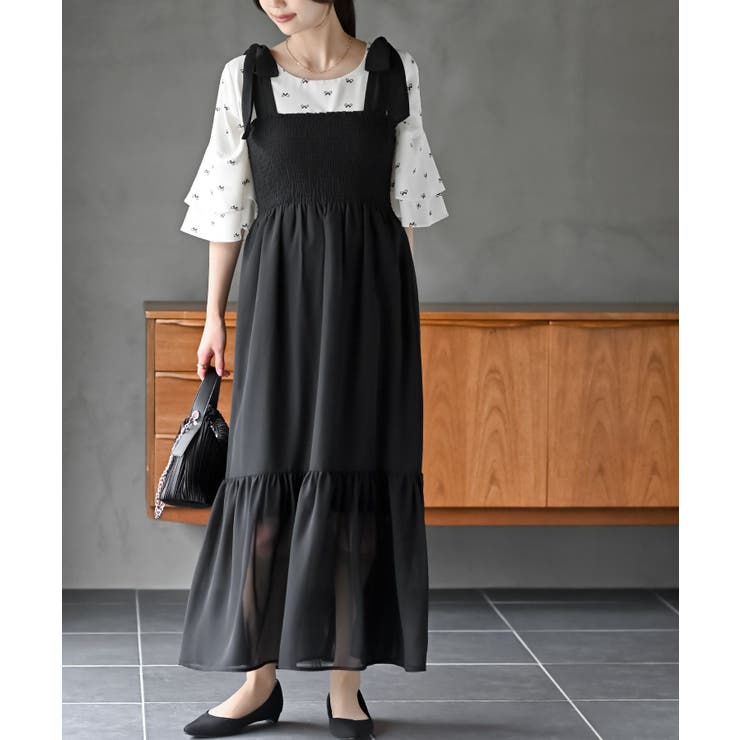 シフォンチェック柄シャーリング肩リボンワンピース[品番