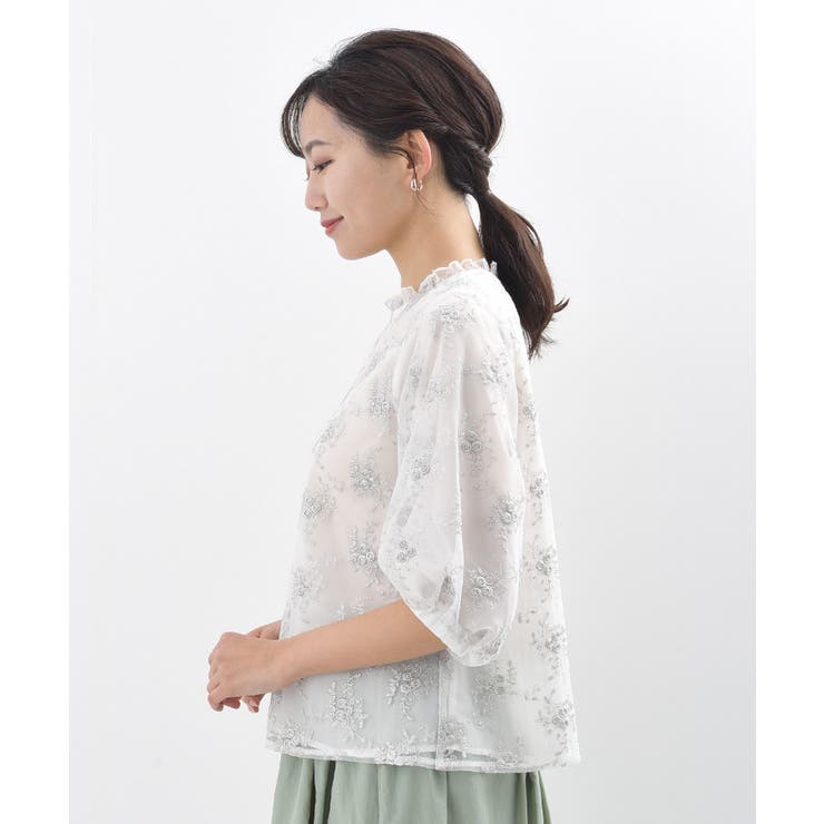 チュール刺繍フリルネック6分袖ブラウス[品番：RPSW0001400