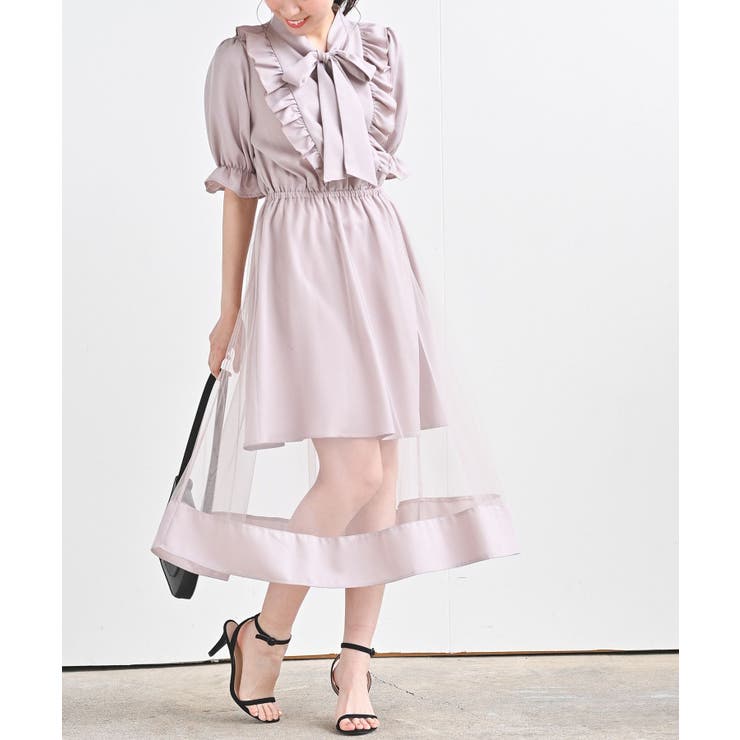 ボータイフリルチュールレイヤーワンピース[品番：RPSW0000118]｜rps