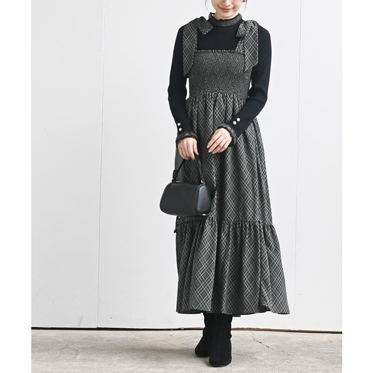 グレー | デシンプリントシャーリング肩リボンワンピース | rps