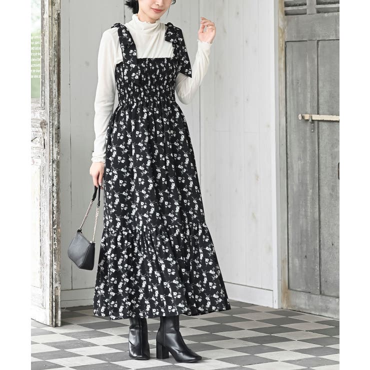 ブラック | デシンプリントシャーリング肩リボンワンピース | rps