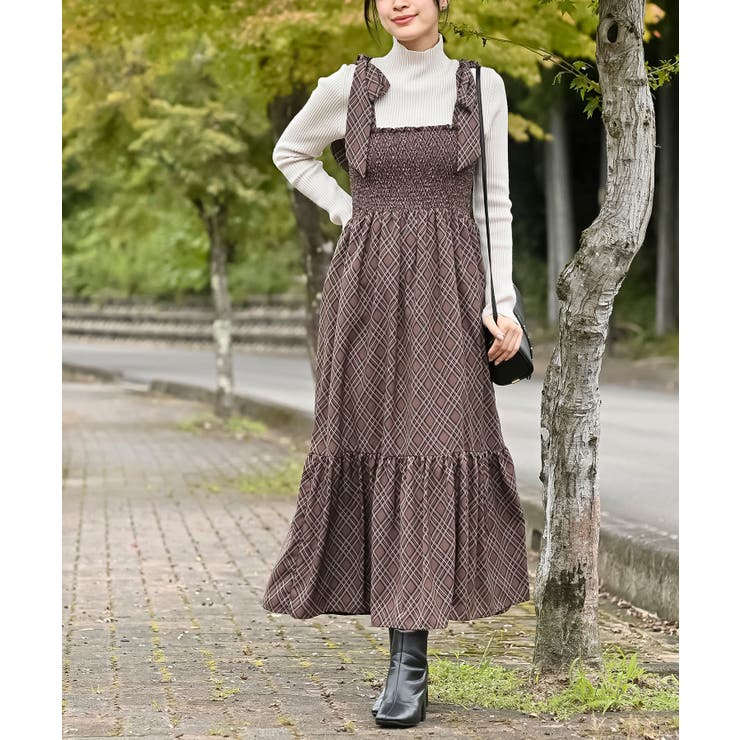 ブラウン | デシンプリントシャーリング肩リボンワンピース | rps