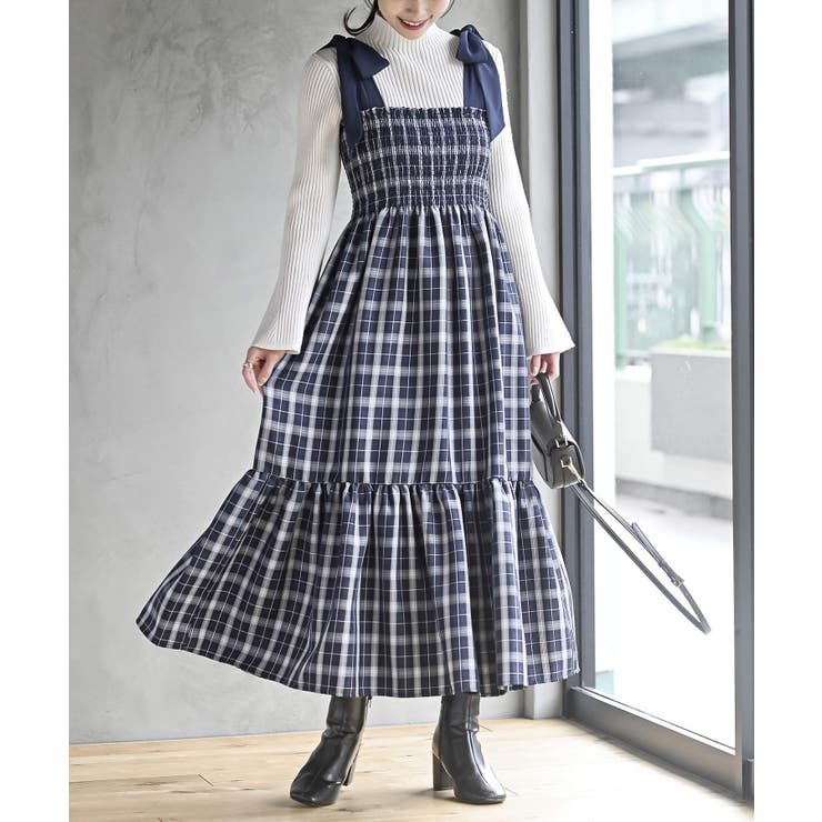 先染めチェックシャーリング肩リボンワンピース[品番：RPSW0003375