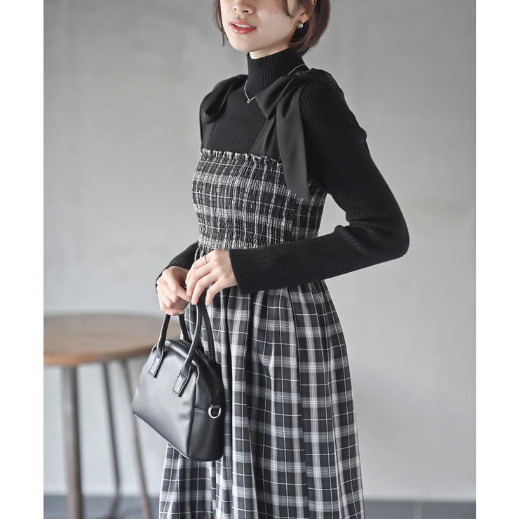 先染めチェックシャーリング肩リボンワンピース[品番：RPSW0003375