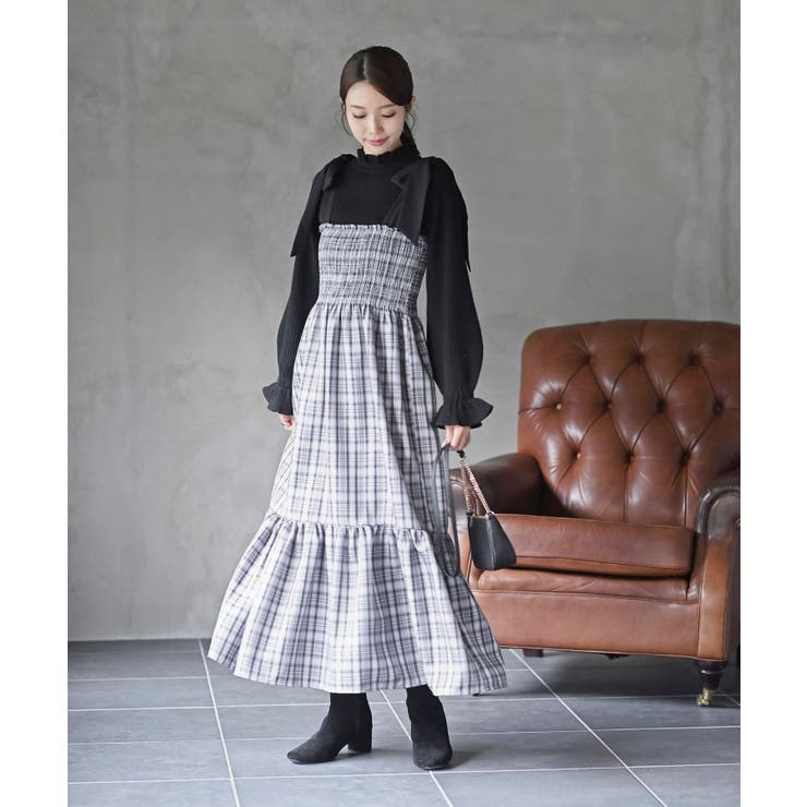 先染めチェックシャーリング肩リボンワンピース[品番：RPSW0003375