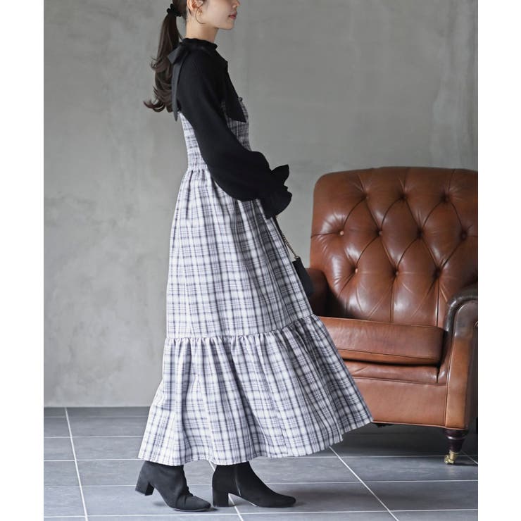 先染めチェックシャーリング肩リボンワンピース[品番：RPSW0003375