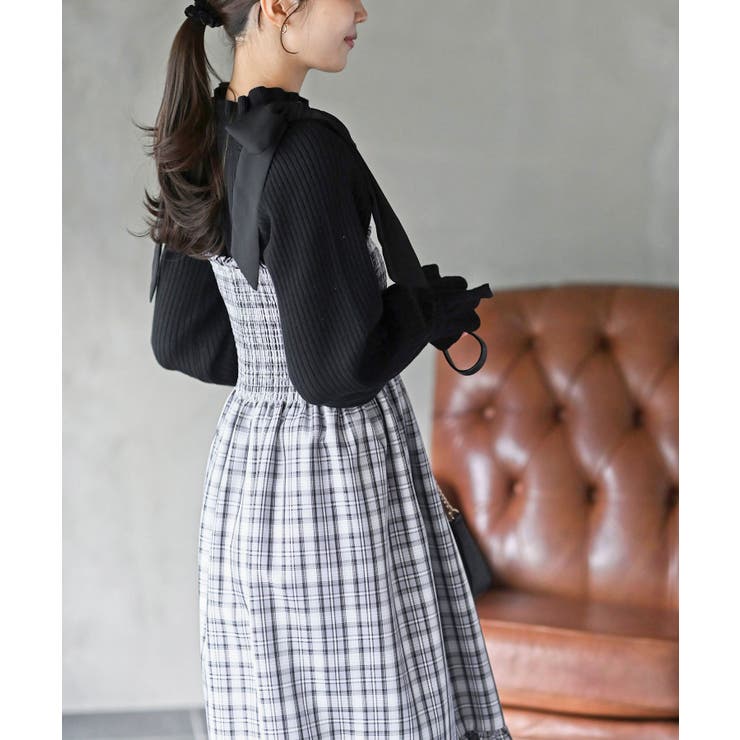 先染めチェックシャーリング肩リボンワンピース[品番：RPSW0003375