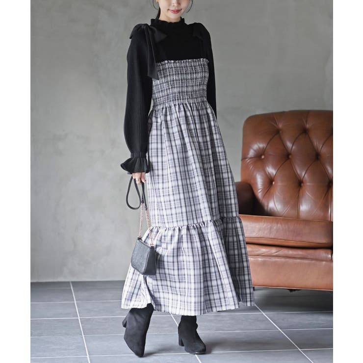 先染めチェックシャーリング肩リボンワンピース[品番：RPSW0003375