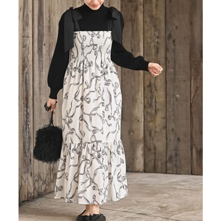 リボン柄プリントシャーリング肩リボンワンピース | rps | 詳細画像1 