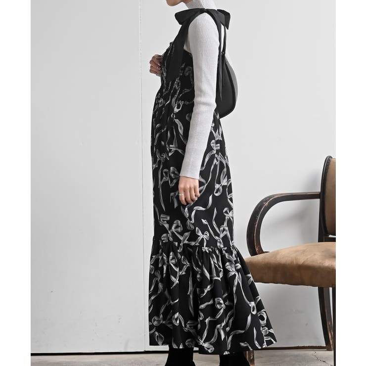 リボン柄プリントシャーリング肩リボンワンピース | rps | 詳細画像12 