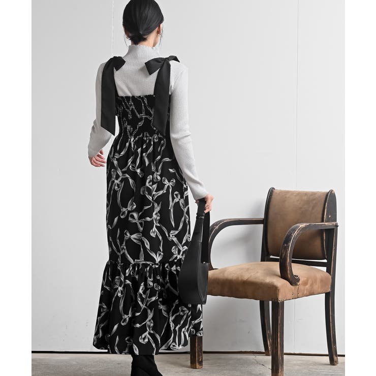 リボン柄プリントシャーリング肩リボンワンピース | rps | 詳細画像13 