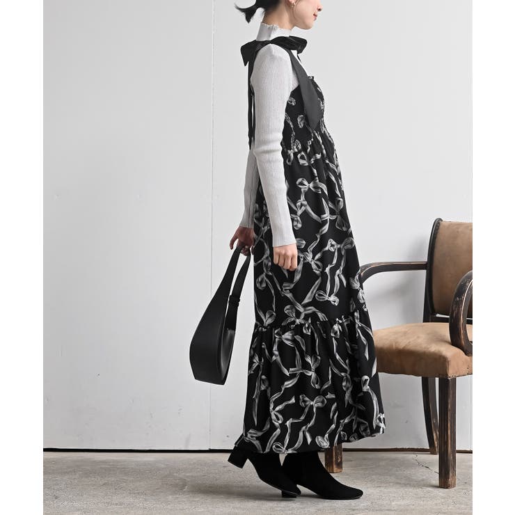 リボン柄プリントシャーリング肩リボンワンピース | rps | 詳細画像14 