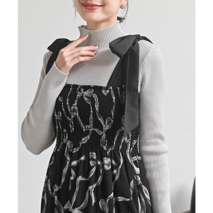 リボン柄プリントシャーリング肩リボンワンピース | rps | 詳細画像15 