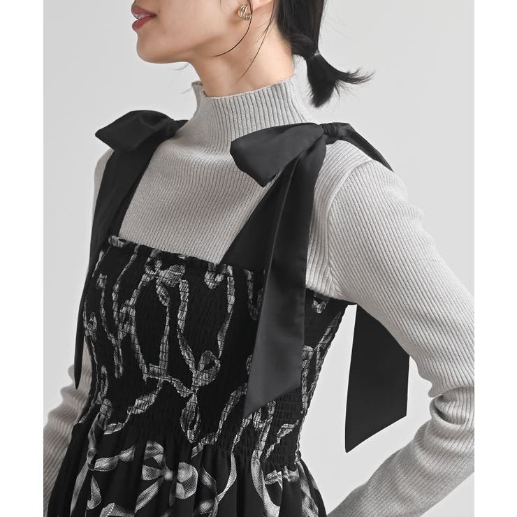 リボン柄プリントシャーリング肩リボンワンピース | rps | 詳細画像16 