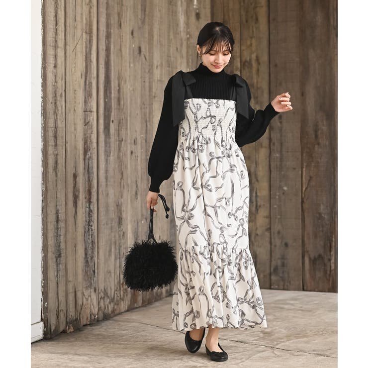 リボン柄プリントシャーリング肩リボンワンピース | rps | 詳細画像2 