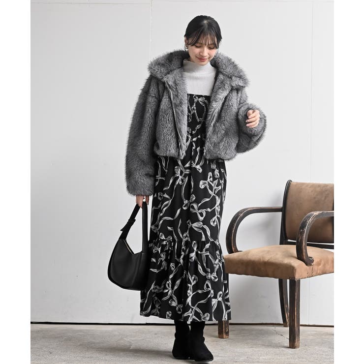 リボン柄プリントシャーリング肩リボンワンピース | rps | 詳細画像20 