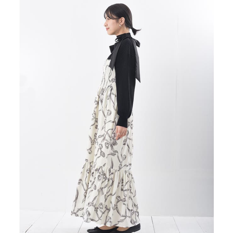 リボン柄プリントシャーリング肩リボンワンピース | rps | 詳細画像21 