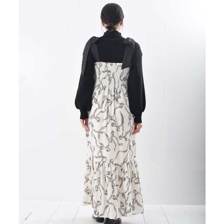 リボン柄プリントシャーリング肩リボンワンピース | rps | 詳細画像22 