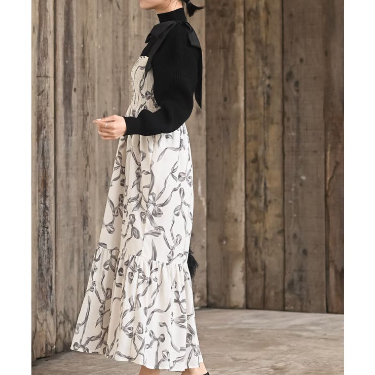 リボン柄プリントシャーリング肩リボンワンピース | rps | 詳細画像3 