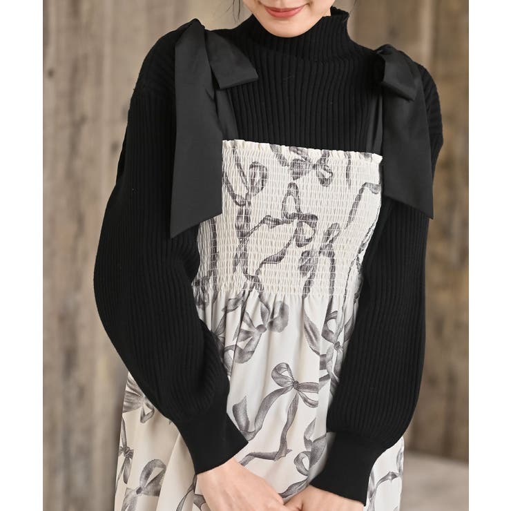 リボン柄プリントシャーリング肩リボンワンピース | rps | 詳細画像6 