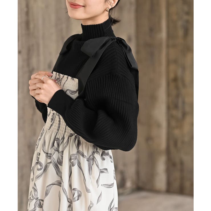 リボン柄プリントシャーリング肩リボンワンピース | rps | 詳細画像7 