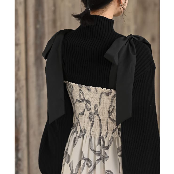 リボン柄プリントシャーリング肩リボンワンピース | rps | 詳細画像8 