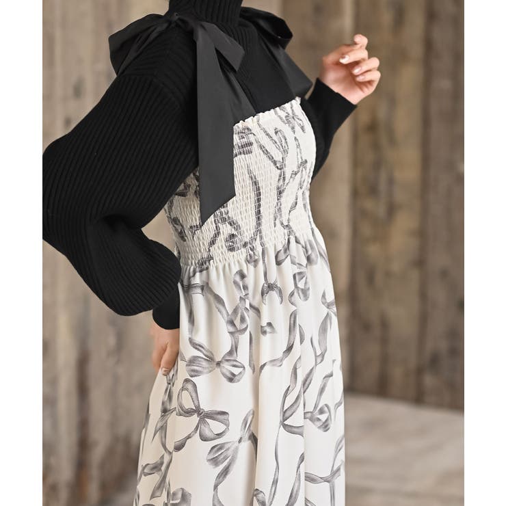 リボン柄プリントシャーリング肩リボンワンピース | rps | 詳細画像9 