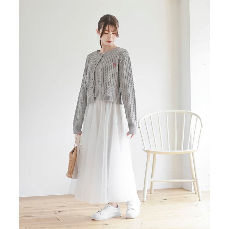 リボン刺繍ケーブル編み長袖クルーネックニットカーディガン | rps | 詳細画像10 