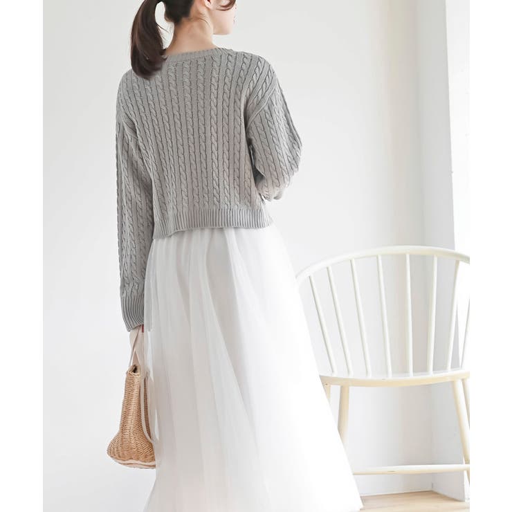 リボン刺繍ケーブル編み長袖クルーネックニットカーディガン | rps | 詳細画像12 