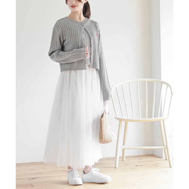 リボン刺繍ケーブル編み長袖クルーネックニットカーディガン | rps | 詳細画像13 