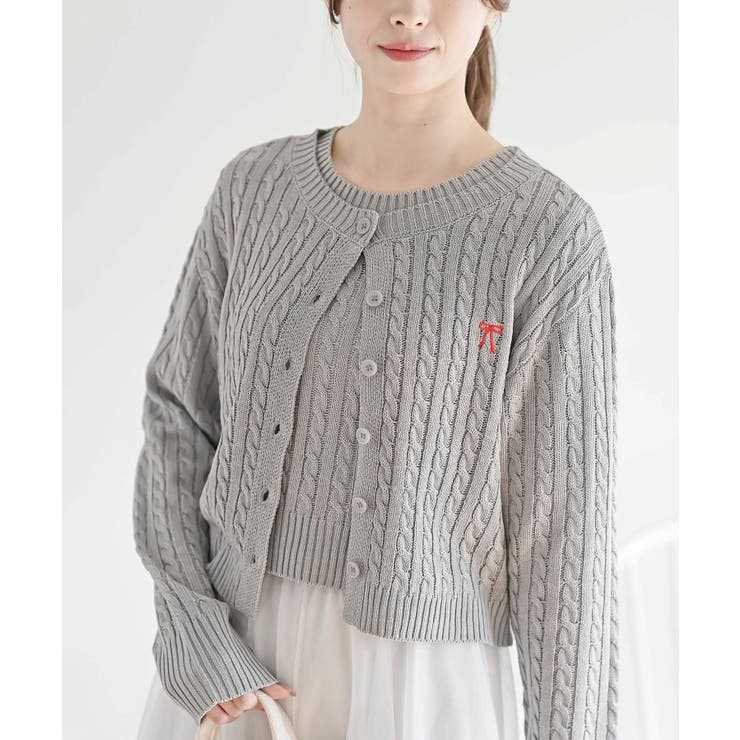 リボン刺繍ケーブル編み長袖クルーネックニットカーディガン | rps | 詳細画像14 