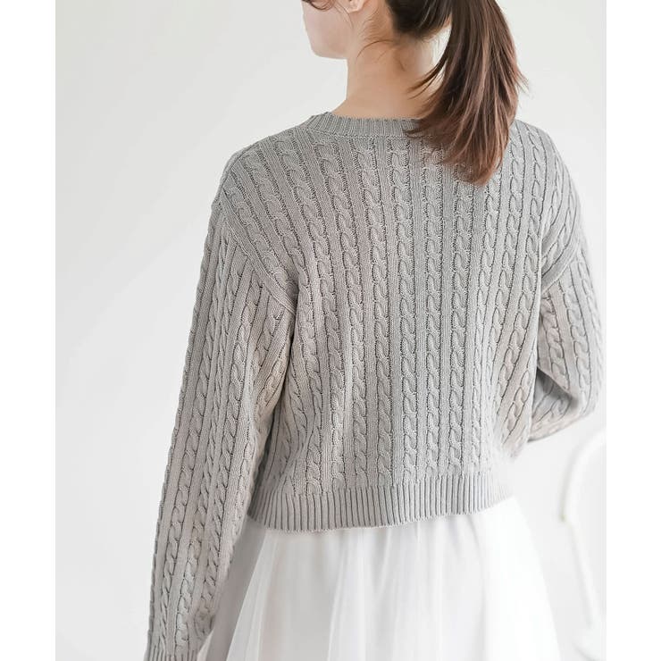 リボン刺繍ケーブル編み長袖クルーネックニットカーディガン | rps | 詳細画像15 