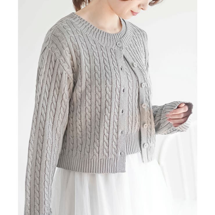リボン刺繍ケーブル編み長袖クルーネックニットカーディガン | rps | 詳細画像17 