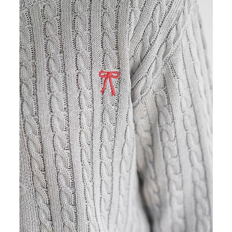 リボン刺繍ケーブル編み長袖クルーネックニットカーディガン | rps | 詳細画像18 
