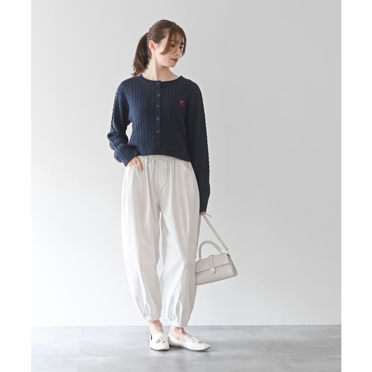 リボン刺繍ケーブル編み長袖クルーネックニットカーディガン | rps | 詳細画像19 