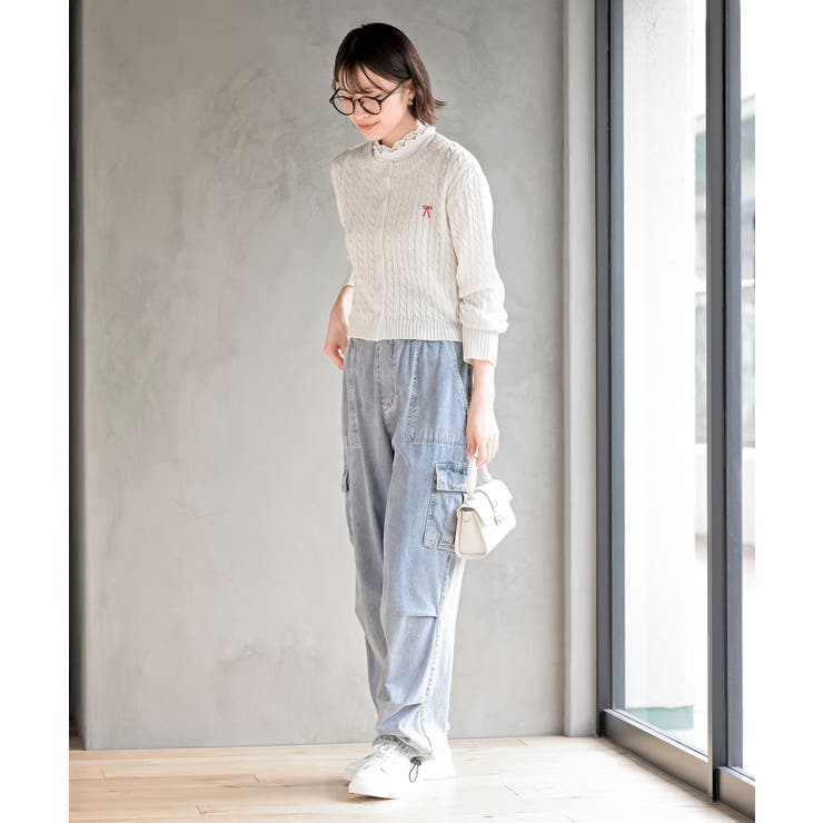 リボン刺繍ケーブル編み長袖クルーネックニットカーディガン | rps | 詳細画像2 