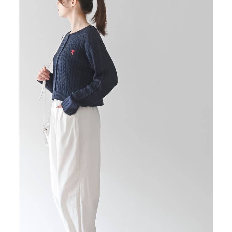 リボン刺繍ケーブル編み長袖クルーネックニットカーディガン | rps | 詳細画像21 