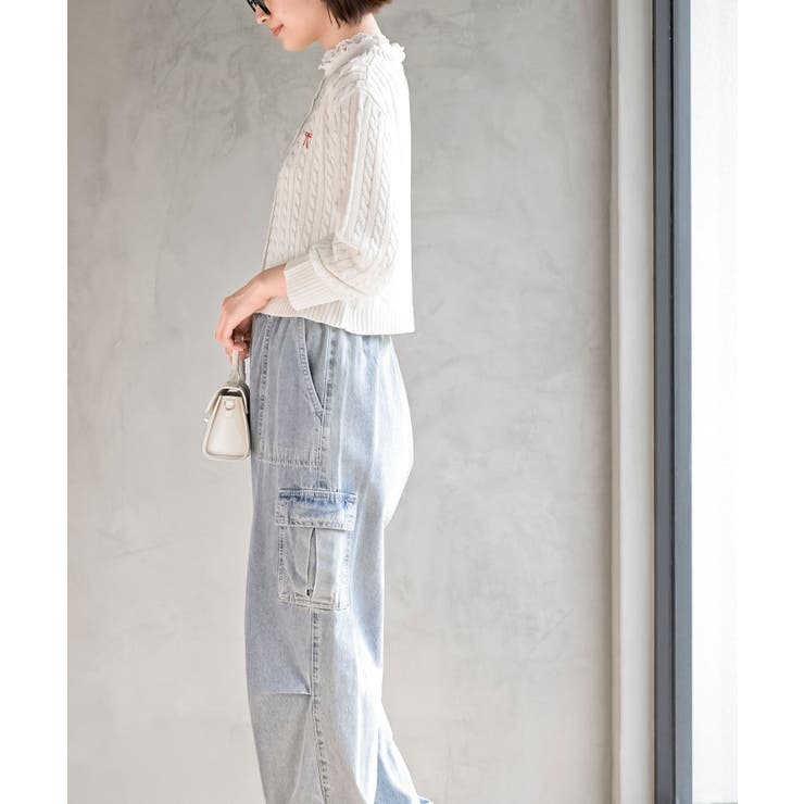 リボン刺繍ケーブル編み長袖クルーネックニットカーディガン | rps | 詳細画像3 