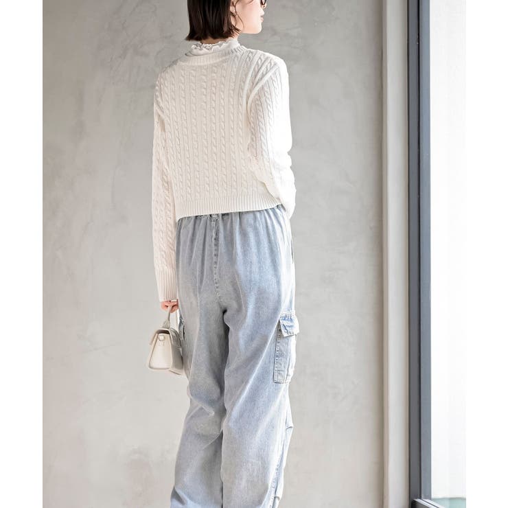 リボン刺繍ケーブル編み長袖クルーネックニットカーディガン | rps | 詳細画像4 