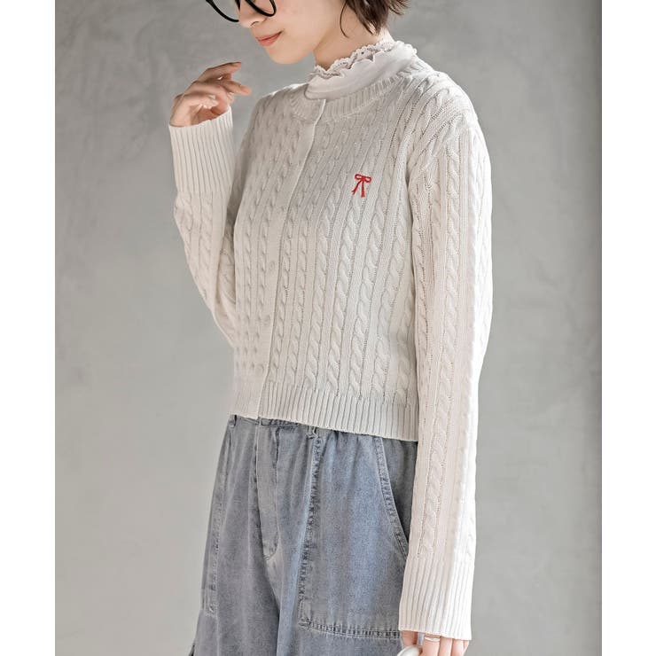 リボン刺繍ケーブル編み長袖クルーネックニットカーディガン | rps | 詳細画像7 