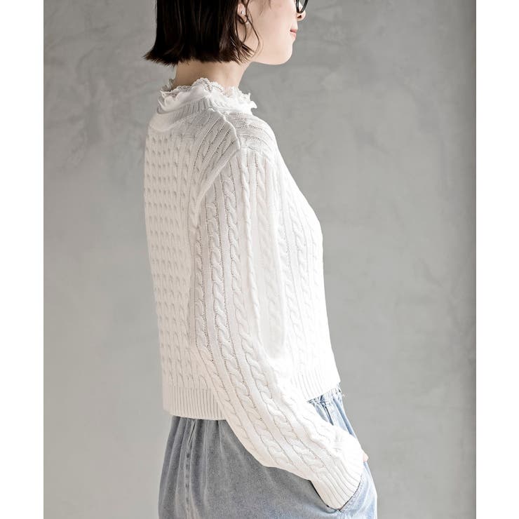 リボン刺繍ケーブル編み長袖クルーネックニットカーディガン | rps | 詳細画像9 