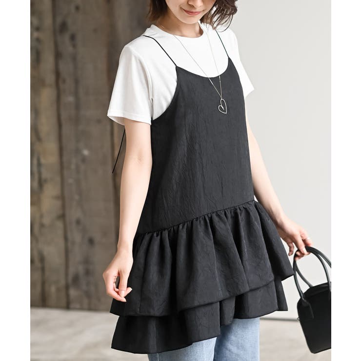シワ加工サテン裾フリルキャミチュニック[品番：RPSW0003875