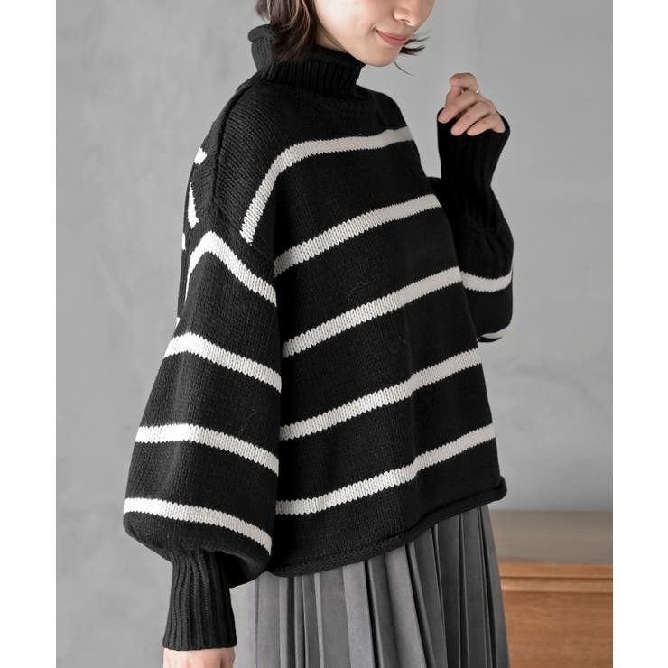 ブラック | ハイネックボーダーニットプルオーバー | rps