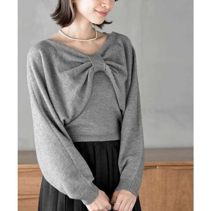 杢グレー | リボンデザインニットカーデ＋キャミアンサンブル | rps