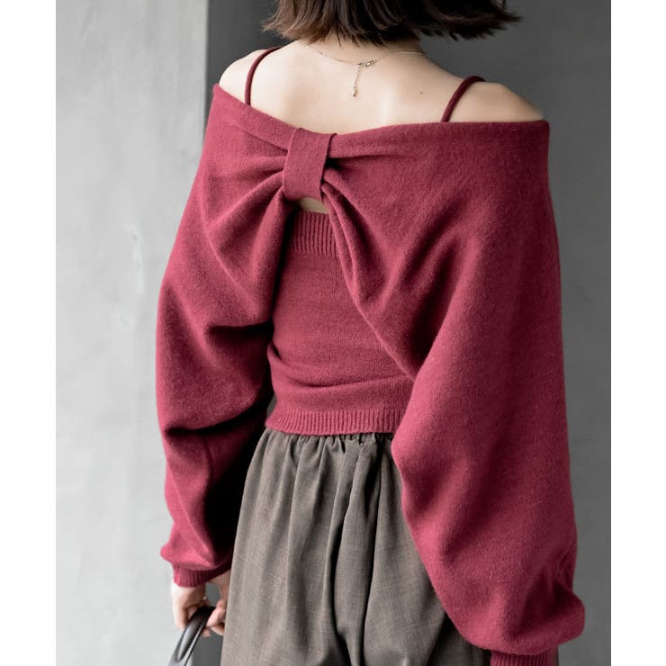 ボルドー | リボンデザインニットカーデ＋キャミアンサンブル | rps
