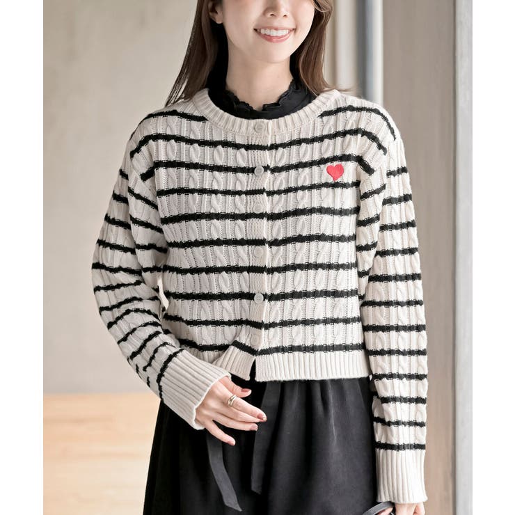ハート刺繍ケーブルニットクルーネックカーディガン | rps | 詳細画像32 