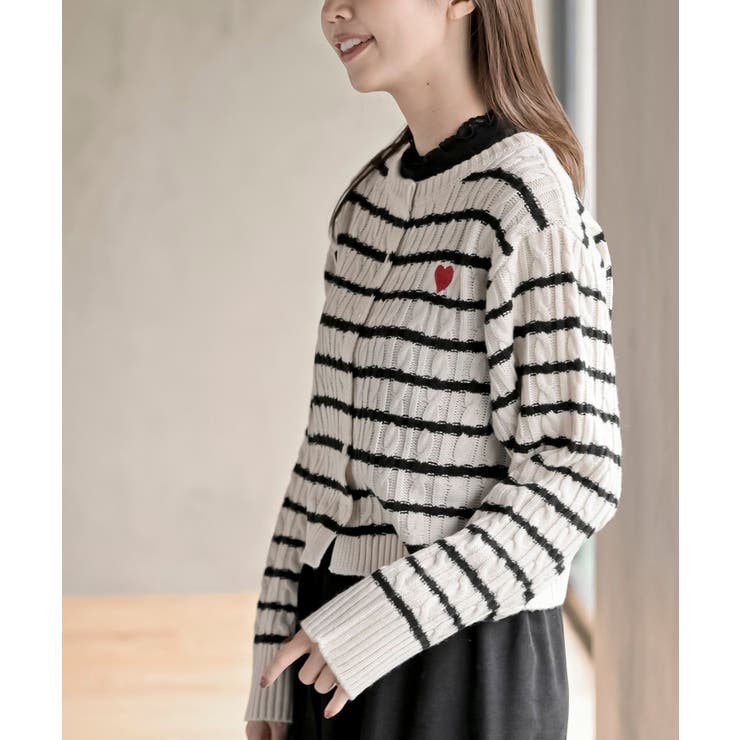 ハート刺繍ケーブルニットクルーネックカーディガン | rps | 詳細画像33 